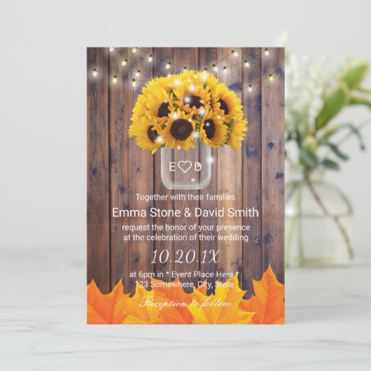 Invitation Autumn Sunflower Jar String lumières Mariage rusti (Debout devant)