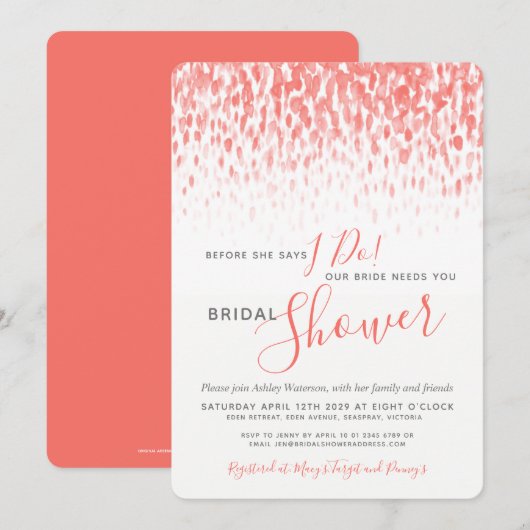 Invitation Avant de faire nuptiale douche corail aquarelle ar (Devant / Derrière)