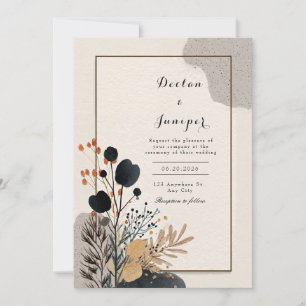 Invitation Avant Garde Noir Floral Cadre Doré Mariage