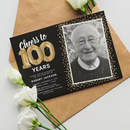 Invitation avec ballons dorés pour 100e anniversai