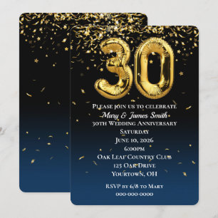 Invitation avec ballons en or et confettis pour 30