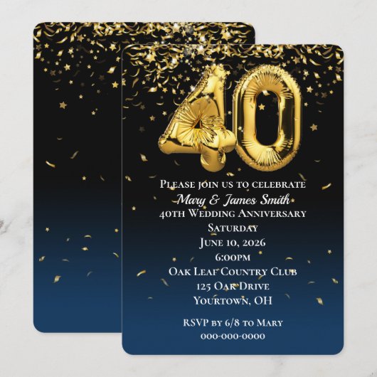 Invitation avec ballons en or et confettis pour 40 (Devant / Derrière)