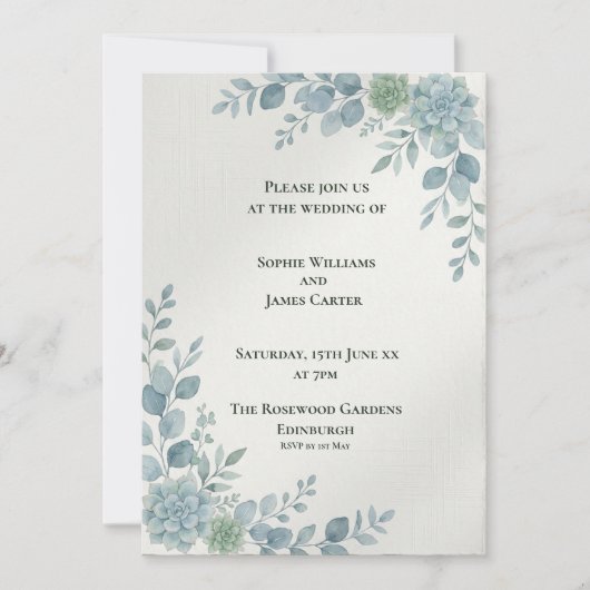 Invitation avec bordure latérale botanique bleue (Devant)