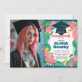 Invitation 🎓Avec code QR Fleur tropicale Photo unique (Devant)