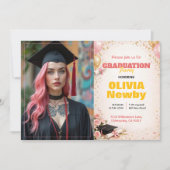 Invitation 🎓Avec code QR Horizontal Floral Rose & Or (Devant)
