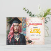 Invitation 🎓Avec code QR Horizontal Floral Rose & Or (Debout devant)