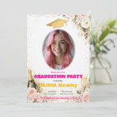 Invitation 🎓Avec code QR Rose et Florale Célébration Diplômé (Debout devant)