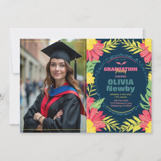 Invitation 🎓Avec code QR Tropical Grad Bloom (Devant)