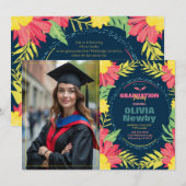 Invitation 🎓Avec code QR Tropical Grad Bloom (Devant / Derrière)