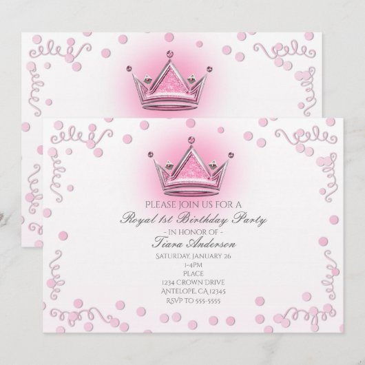 Invitation avec confettis de fête Couronne Rose et (Devant / Derrière)