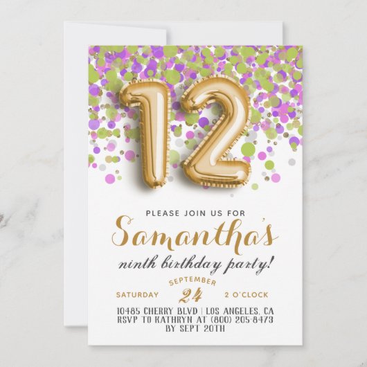 Invitation avec confettis pour 12ème anniversaire (Devant)