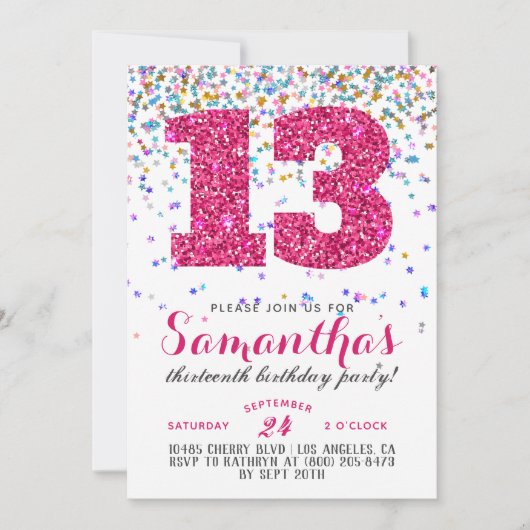 Invitation avec confettis pour 13e anniversaire (Devant)