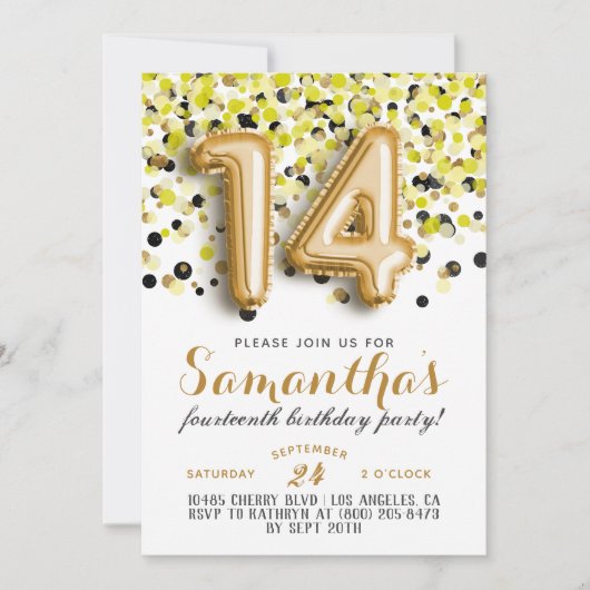Invitation avec confettis pour 14e anniversaire (Devant)
