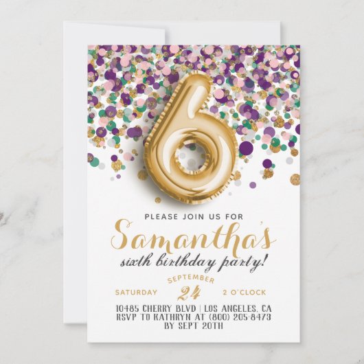 Invitation avec confettis pour 6ème anniversaire (Devant)