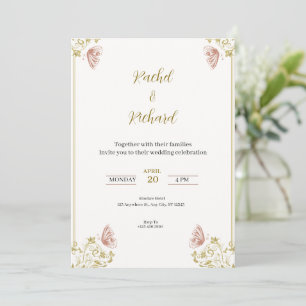 Invitation avec des motifs floraux dorés et roses