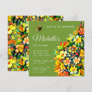 Invitation avec fleurs joyeuses et abeille