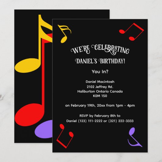 Invitation avec notes de musique d'anniversaire (Devant / Derrière)