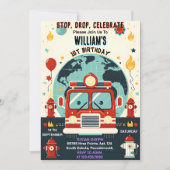 Invitation Avec Red Hot Fire Truck Engine Safety 1er annivers (Devant)