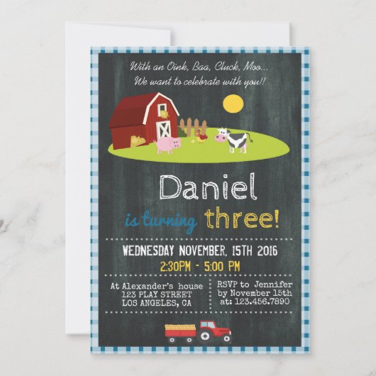 INVITATION AVEC UN OINK, BAA, CLUCK, MOO FARM ANNIVERSAIRE (Devant)