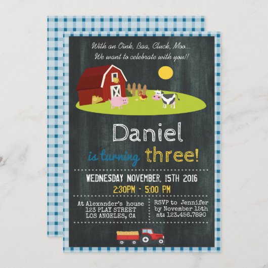 INVITATION AVEC UN OINK, BAA, CLUCK, MOO FARM ANNIVERSAIRE (Devant / Derrière)