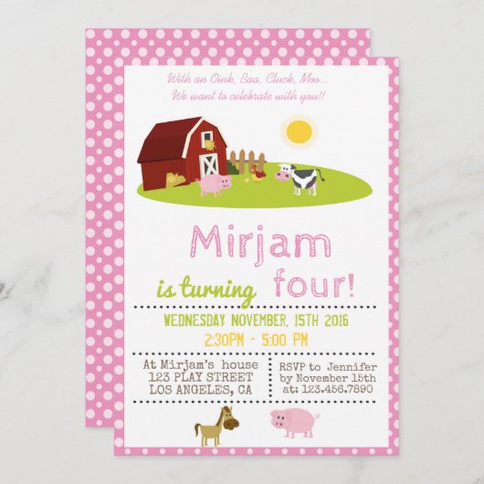 INVITATION AVEC UN OINK, BAA, CLUCK, MOO FARM ANNIVERSAIRE (Devant / Derrière)