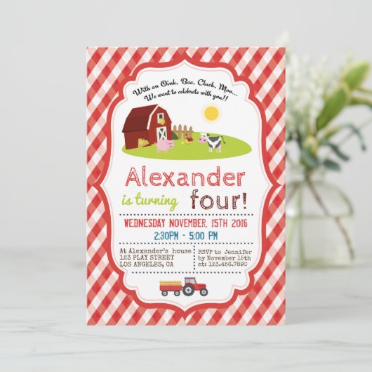 INVITATION AVEC UN OINK, BAA, CLUCK, MOO FARM BANTHDATY (Debout devant)