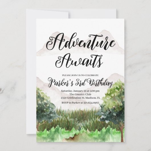 Invitation Aventure Anniversaire, Camping, Montagne (Devant)