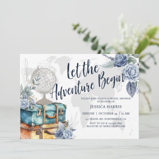 Invitation Aventure attend la douche nuptiale, thème Voyage (Debout devant)