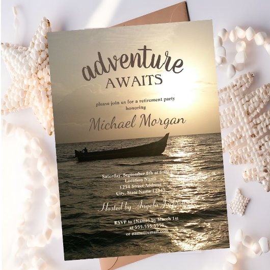 Invitation Aventure Await, Bateau Sunset Sea Retirement Party
