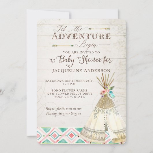 Invitation Aventure Baby shower Girl Teepee Wood Flèches Art (Devant)