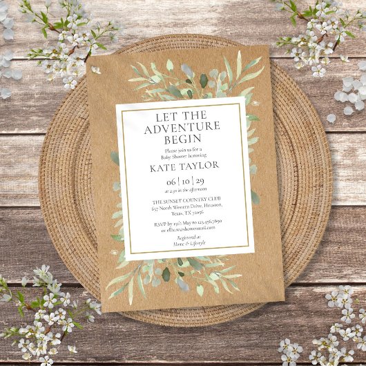 Invitation Aventure Baby shower rustique verdure