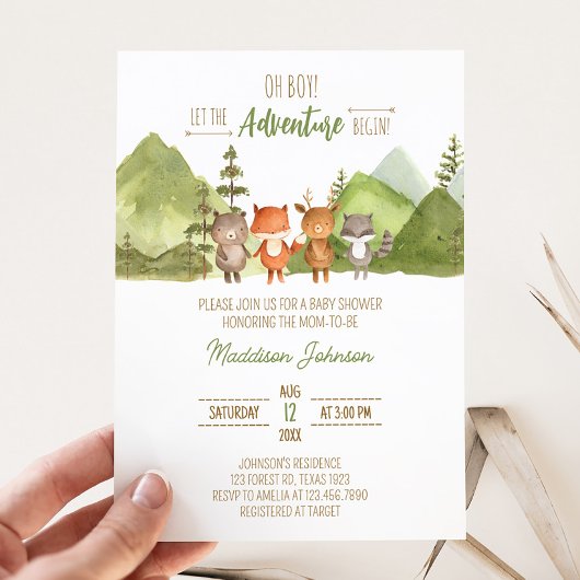 Invitation Aventure Begin Forest Mountain Baby shower