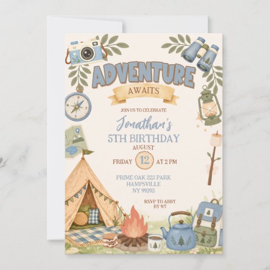 Invitation Aventure bleue pour un anniversaire (Devant)
