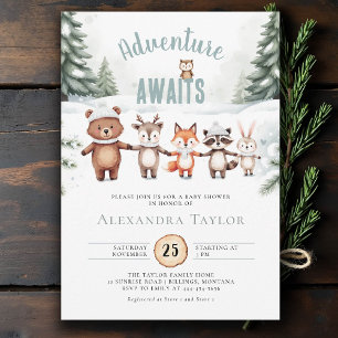 Invitation Aventure Bois Animaux Pins Baby shower d'hiver