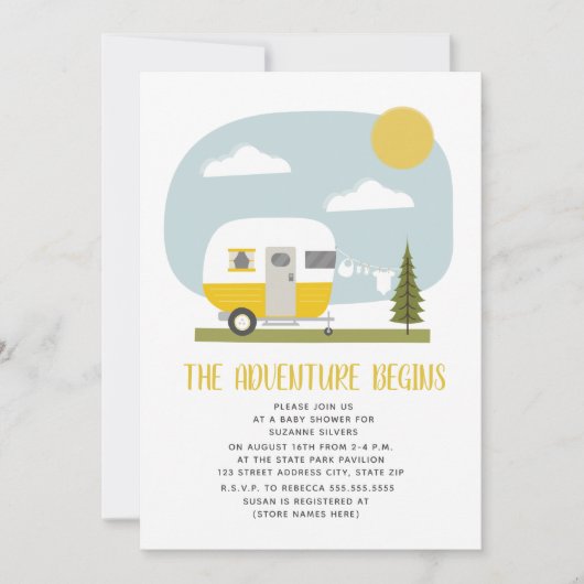 Invitation Aventure Camper Jaune Baby shower de linge (Devant)