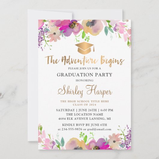 Invitation Aventure commence Gold Script Floral Graduation (Devant)