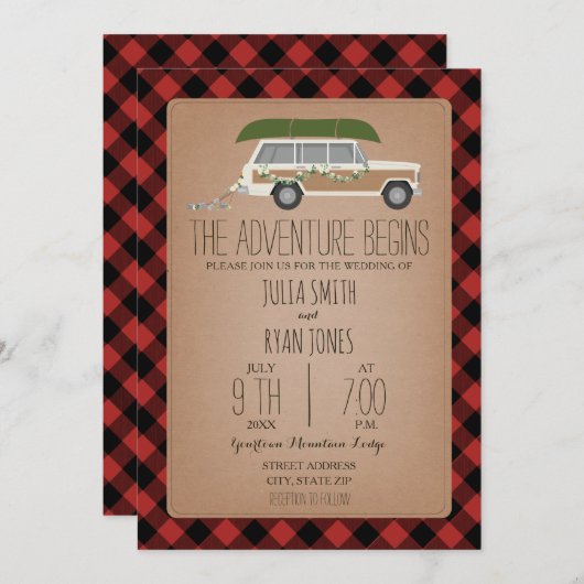 Invitation Aventure commence Wood Panel SUV Canoe Mariage (Devant / Derrière)
