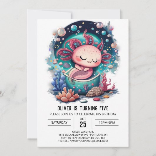 Invitation Aventure d'anniversaire sous-marine Axolotl (Devant)