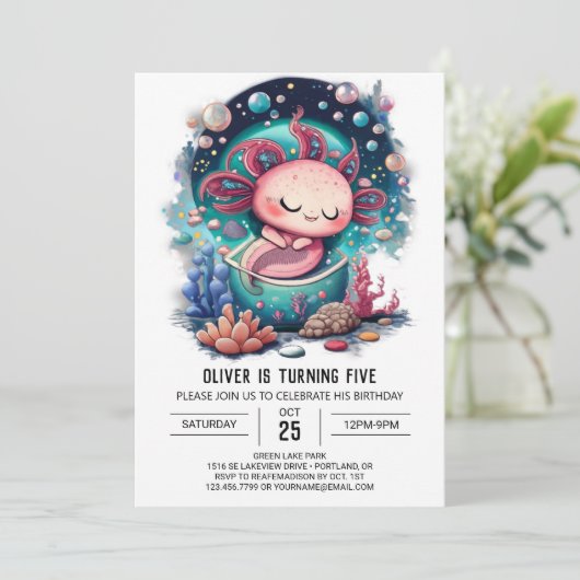 Invitation Aventure d'anniversaire sous-marine Axolotl (Debout devant)