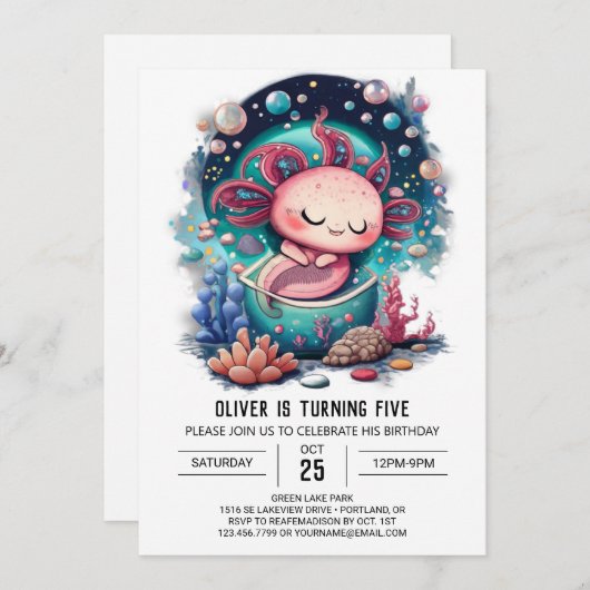 Invitation Aventure d'anniversaire sous-marine Axolotl (Devant / Derrière)