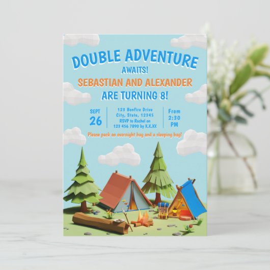 Invitation Aventure de camping en double pour jumeaux en atte (Debout devant)