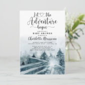 Invitation Aventure en forêt Baby Shower aquarelle bleu vert (Debout devant)