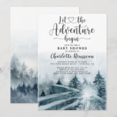 Invitation Aventure en forêt, bébé shower aquarelle bleu-vert (Devant / Derrière)