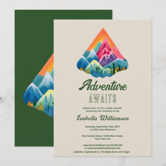 Invitation Aventure en montagne pour la Baby Shower (Devant / Derrière)