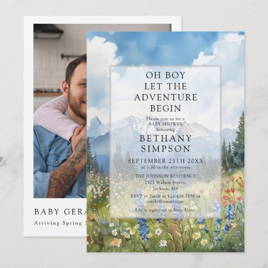 Invitation Aventure Garçon Montagne Photo Code QR Baby Shower (Devant / Derrière)