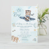 Invitation Aventure mignonne Ours bleu Avion Oh Baby shower g (Debout devant)