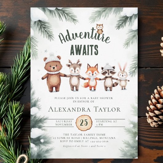 Invitation Aventure Neige Bois Animaux Baby shower d'hiver