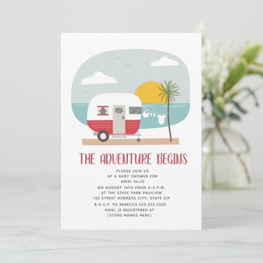 Invitation Aventure Red Camper Beach Baby shower neutre (Debout devant)