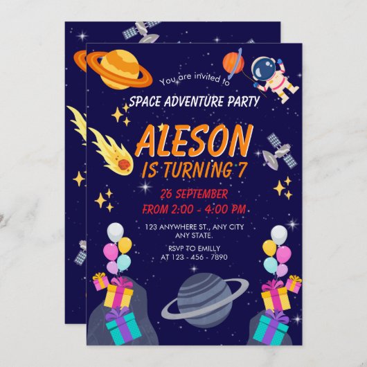 Invitation Aventure spatiale Fête d'anniversaire (Devant / Derrière)