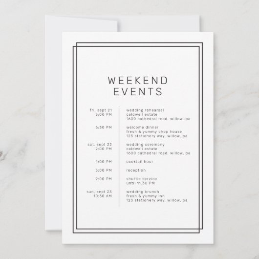 Invitation AVERA Mariage moderne Week-end Itinéraire Modèle (Dos)